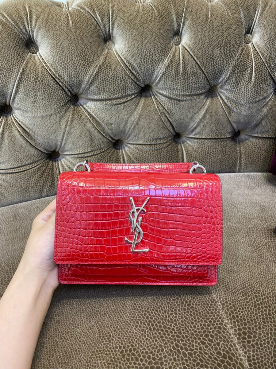 Saint Laurent Red Croc Embossed Leather Small Sunset Shoulder Bag