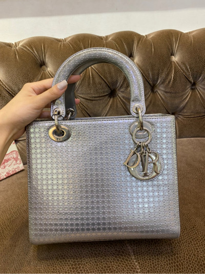Christian Dior Metallic Silver Lady Dior Micro Cannage Bag