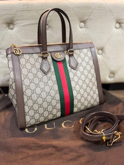 Túi gucci logo nâu sọc xanh đỏ dáng xách khoá vàng kèm dây dust  sz 33