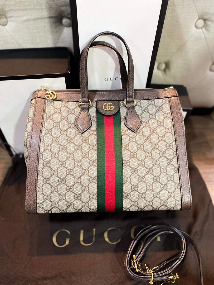 Túi gucci logo nâu sọc xanh đỏ dáng xách khoá vàng kèm dây dust  sz 33