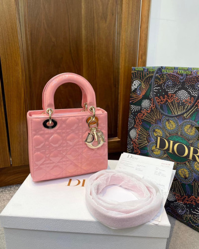 Túi Dior Small Lady Peach Blossom Pink Patent Leather Bag 100% New