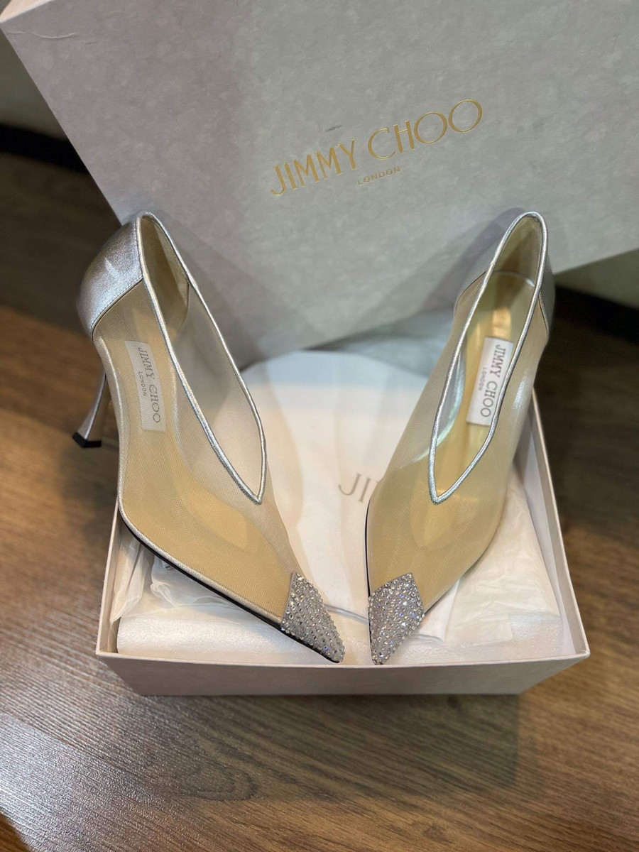 Giày Jimmy Choo mũi nhọn đính đá màu bạc cao 10p sz 37 newfullbox