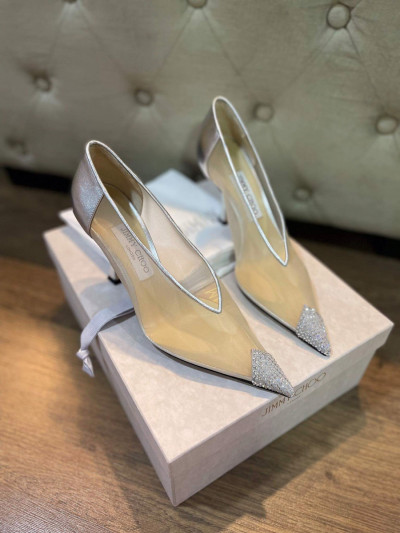 Giày Jimmy Choo mũi nhọn đính đá màu bạc cao 10p sz 37 newfullbox