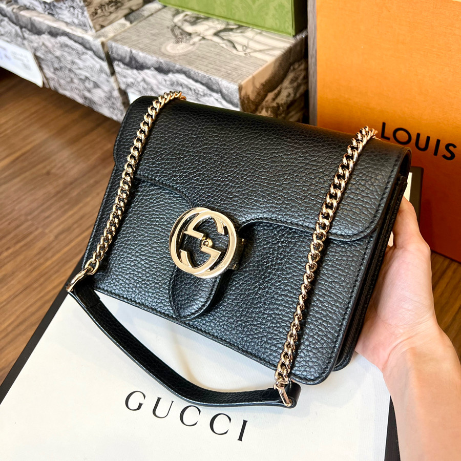 GUCCI BLACK LEATHER INTERLOCKING G CHAIN CROSSBODY BAG