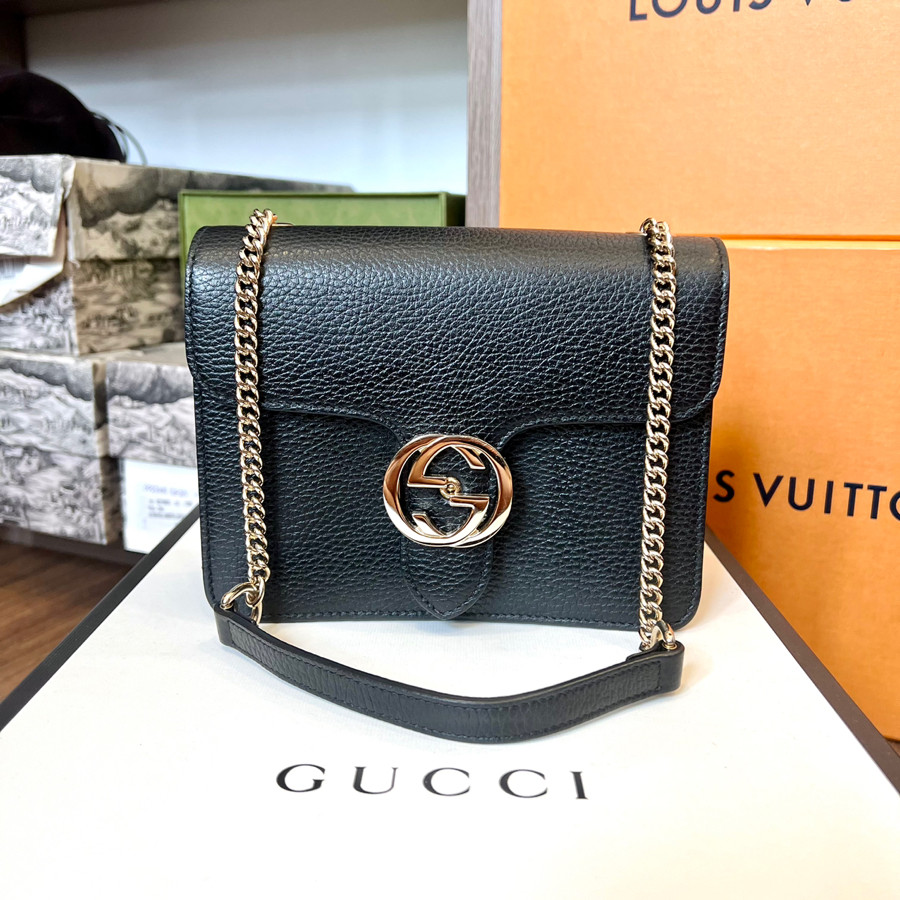 GUCCI BLACK LEATHER INTERLOCKING G CHAIN CROSSBODY BAG