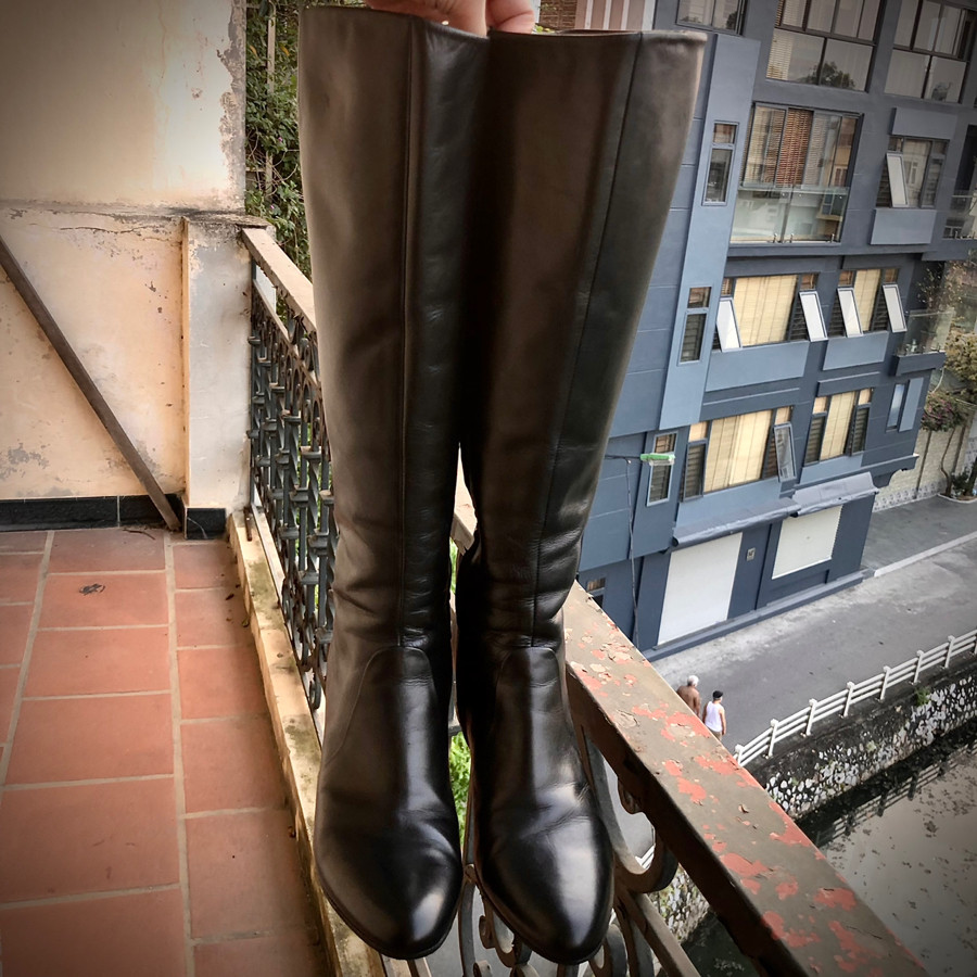 S.Ferrgamo black leather high knee boots sz 7,5C ~ chân 37-37,5: