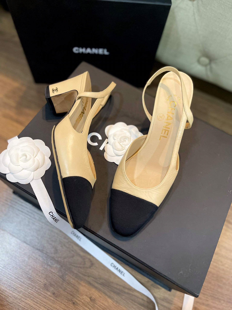 Giày chanel slingback be mũi đen sz 35 7p