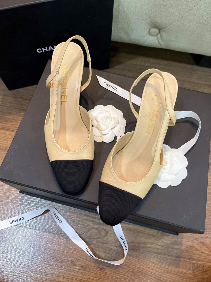 Giày chanel slingback be mũi đen sz 35 7p