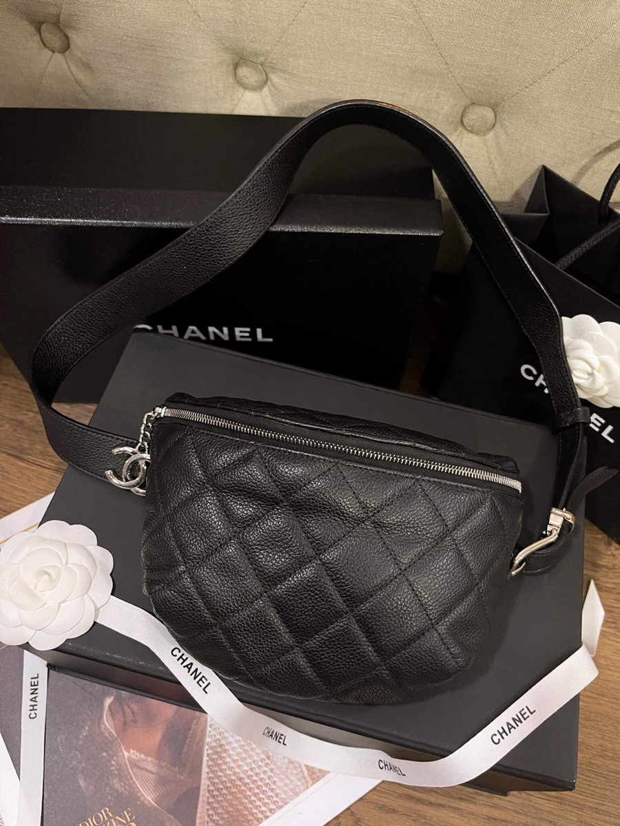 Beltbag chanel đen khoá bạc charm cc bạc kèm card code 27