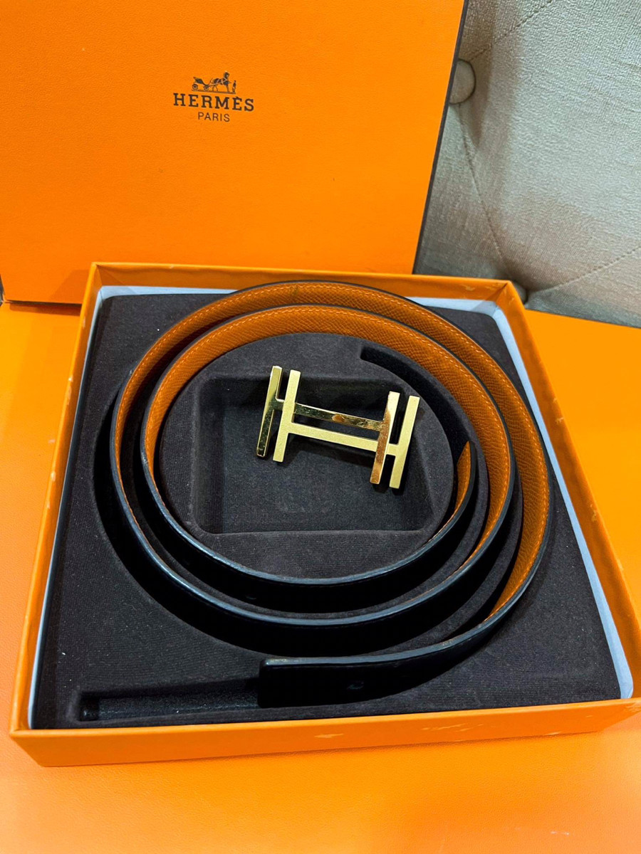 Belt hermes đen cam mặt chữ H vàng sz 90 mặt 3cm kèm box