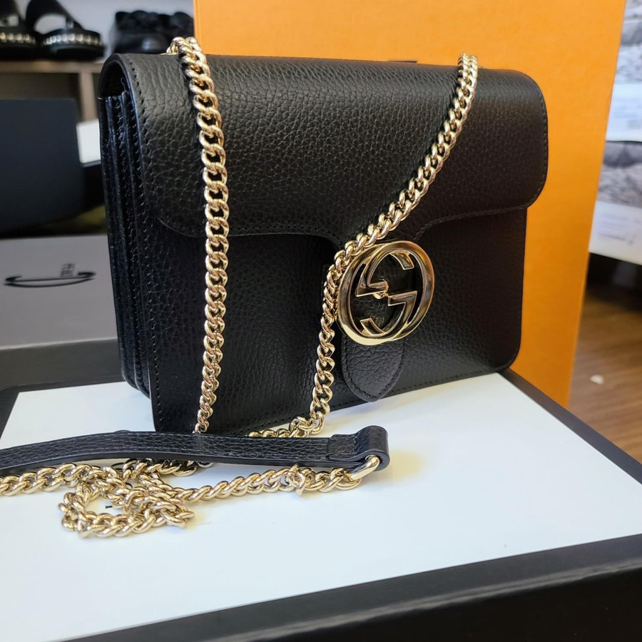 GUCCI BLACK LEATHER INTERLOCKING G CHAIN CROSSBODY BAG