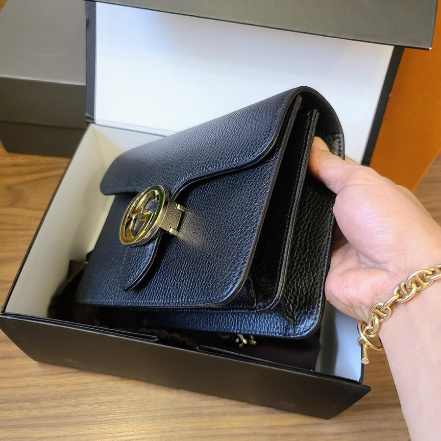 GUCCI BLACK LEATHER INTERLOCKING G CHAIN CROSSBODY BAG