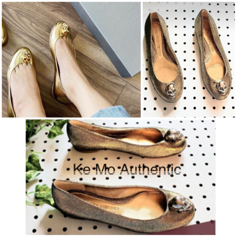 ❤Alexander Mc-Queen Gold Metallic Leather Flats with Skull sz 38,5: