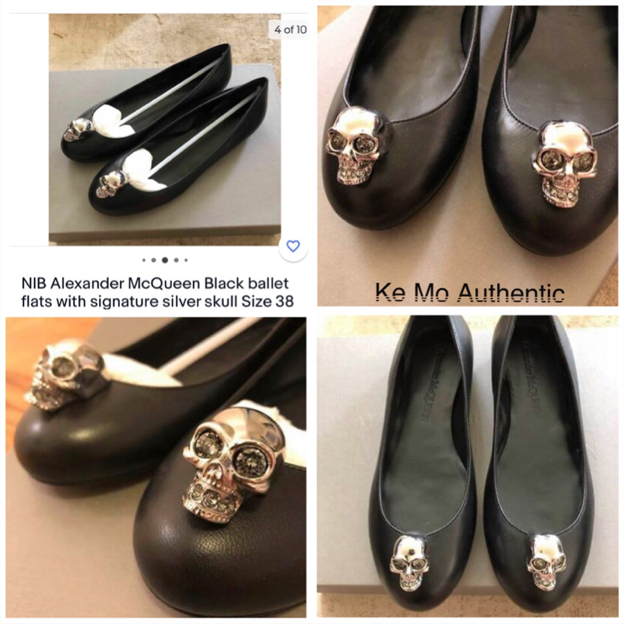 Alexander Mc-Queen Black ballet flats with signature silver skull sz 39: