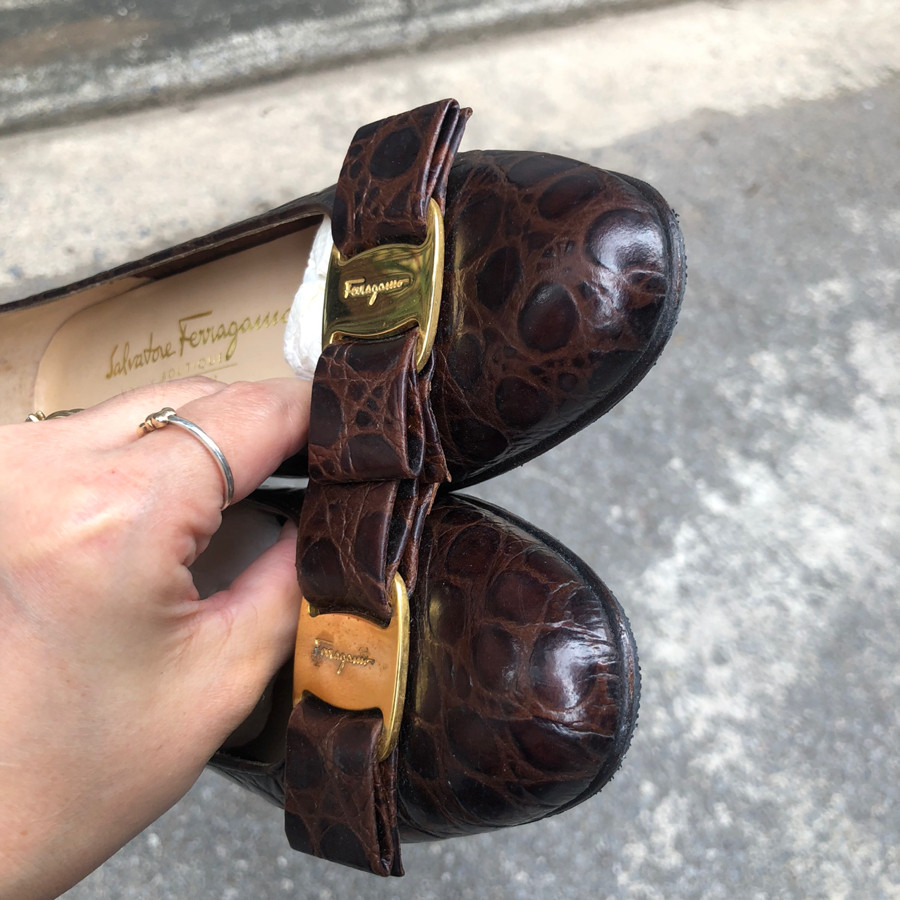❤️S.F vara bow croc embossed shoes - brown sz 5,5c ~ chân 35,5 dày or 36 mỏng: