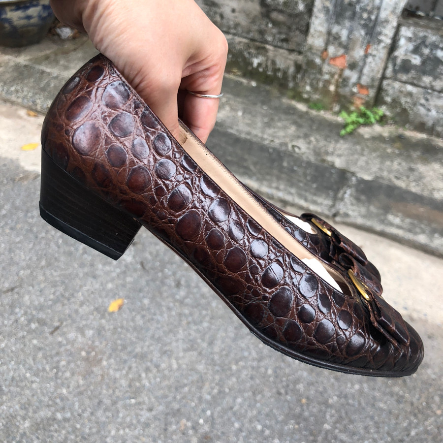 ❤️S.F vara bow croc embossed shoes - brown sz 5,5c ~ chân 35,5 dày or 36 mỏng: