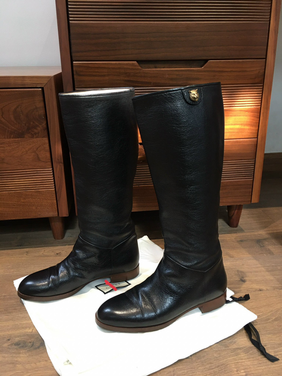 G u c c i Double G Leather Long boots size   38 Ladies' Black×Gold 549678.   bốt đen cổ cao ạ . cao 3cm . pk đi kèm túi vải