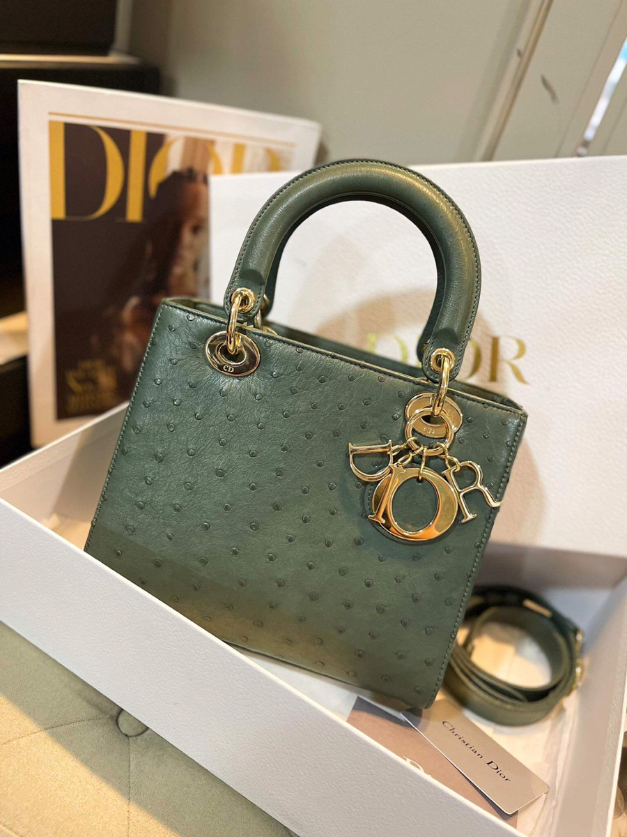 Túi dior lady đà điểu xanh lam khoá bạc sz M kèm dây dust card