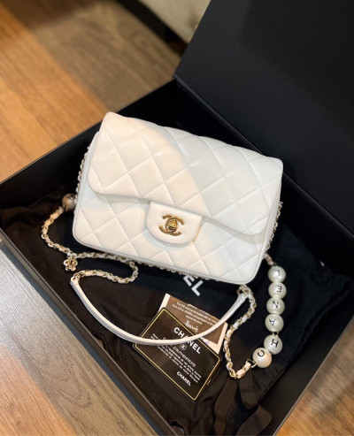 Túi chanel  trắng da trơn xích đan trai khoá bạc kèm dust bill card code 29 sz 19