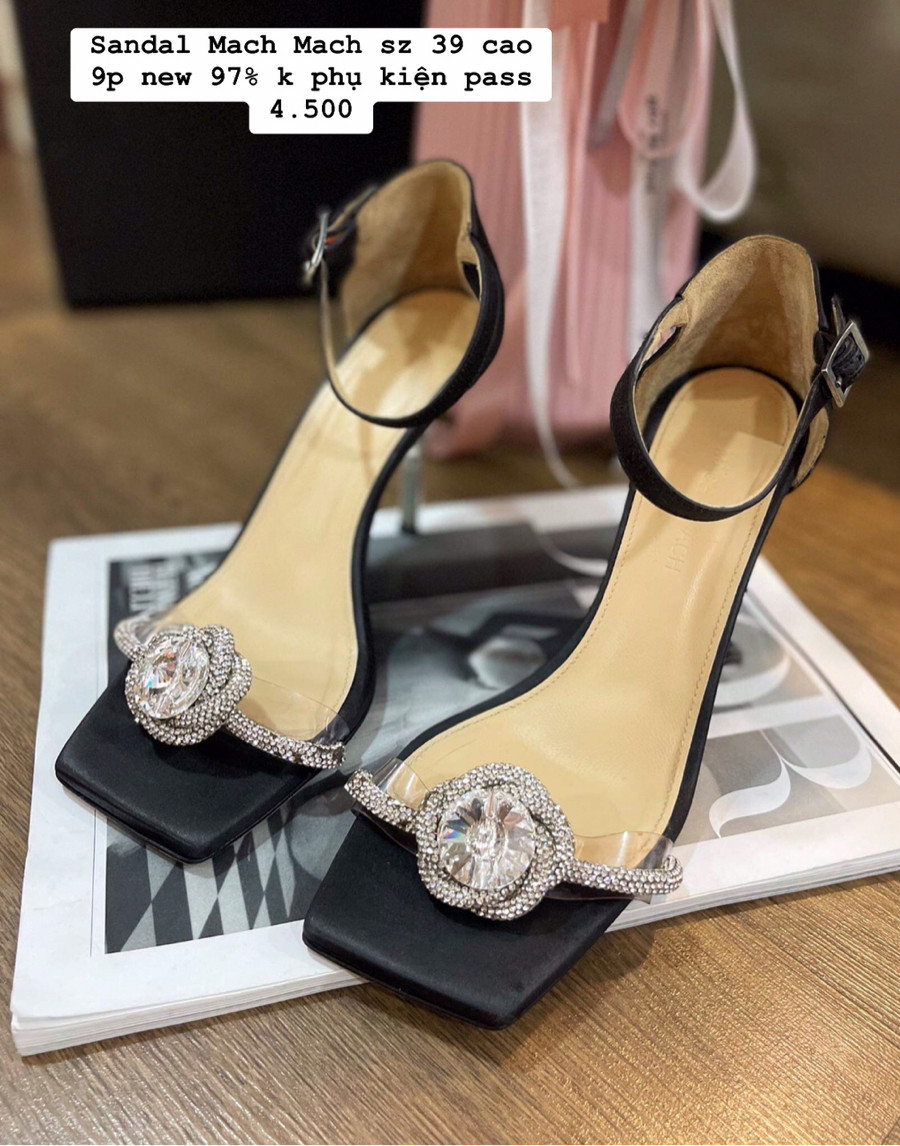 Sandal mach mach đen lụa satin quai đá sz 39 9p