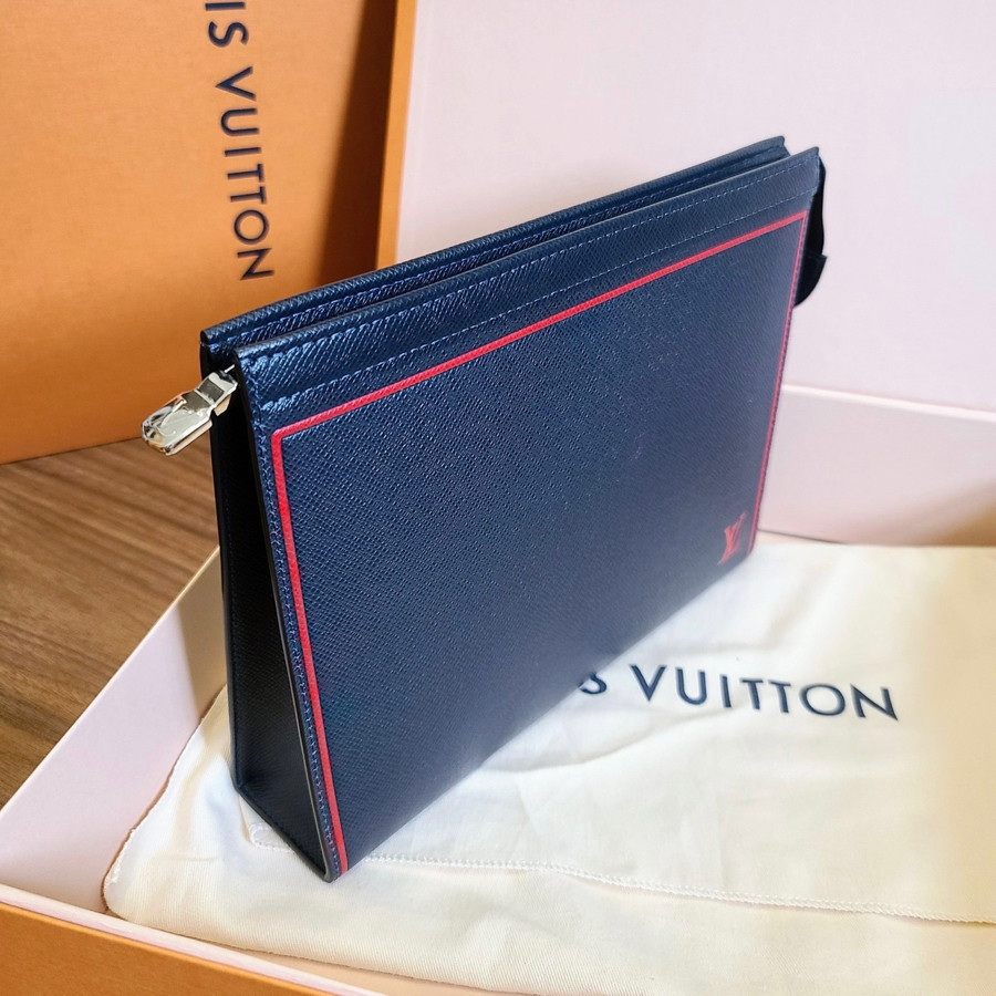 Clutch LV TAIGA LEATHER NAVY RED STRIPE POCHETTE VOYAGE MM