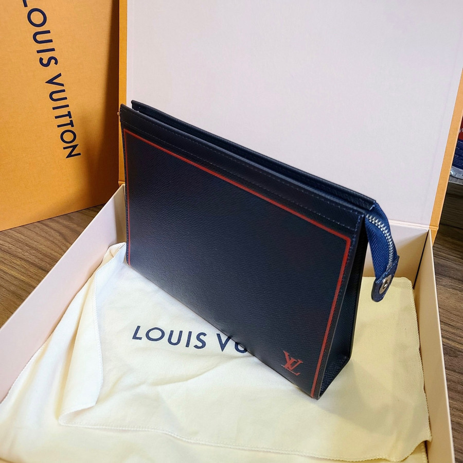 Clutch LV TAIGA LEATHER NAVY RED STRIPE POCHETTE VOYAGE MM