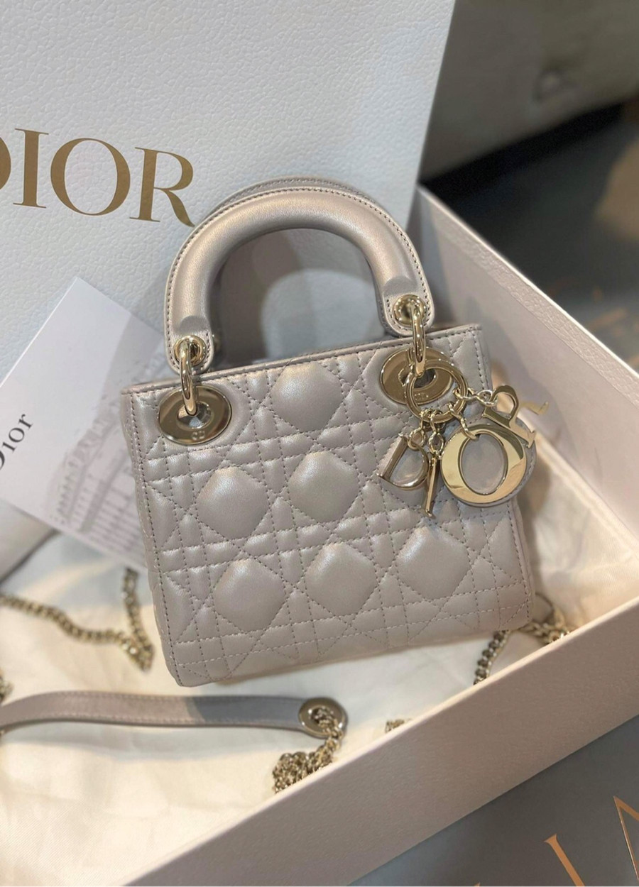 Túi Dior lady mini màu ghi khoá vàng box bill card