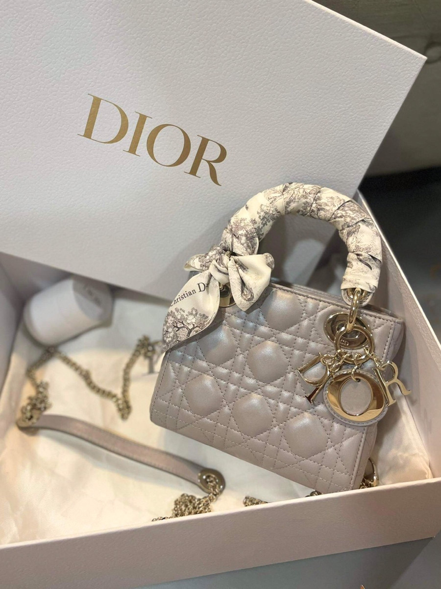 Túi Dior lady mini màu ghi khoá vàng box bill card