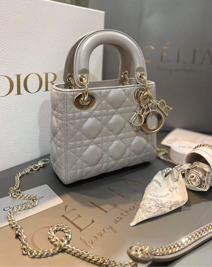 Túi Dior lady mini màu ghi khoá vàng box bill card