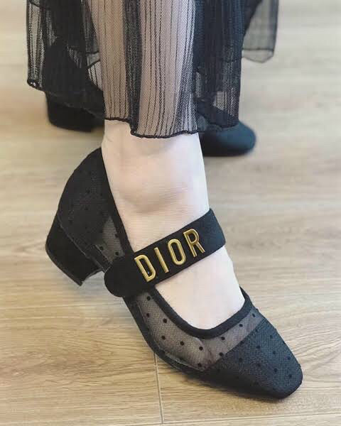 Giày dior búp bê lưới chấm bi gót vuông logo chữ vàng fullbox sz 37 3p