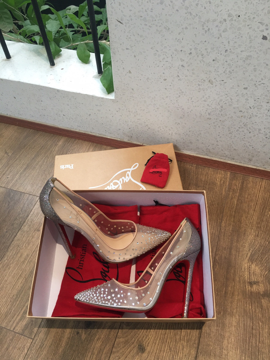 sẵn cao gót  Ch risti an Lo ub outin Mesh x leather Pumps size 38 Ladies' Silver x beige BODY STRASS Rhinestone Missing rhinestones; cao 12cm .