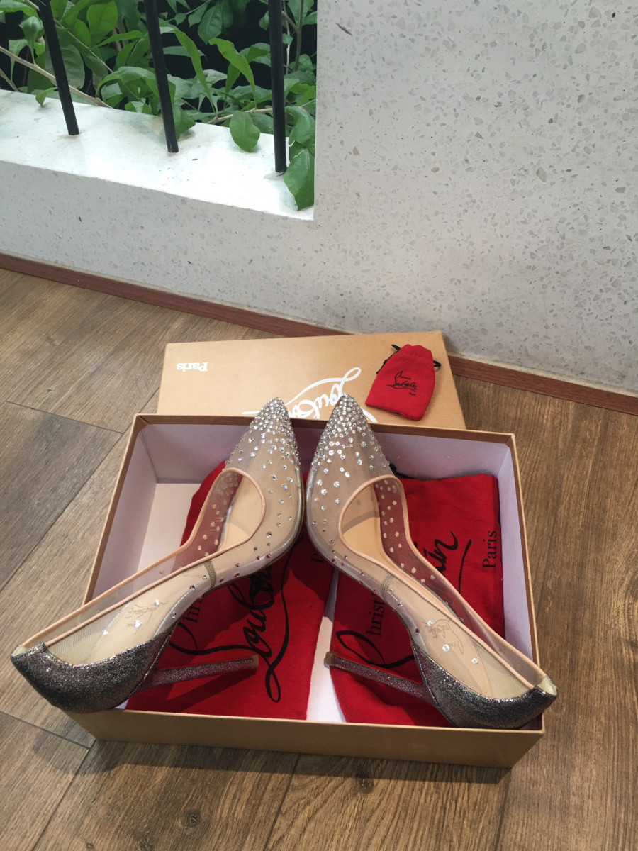 sẵn cao gót  Ch risti an Lo ub outin Mesh x leather Pumps size 38 Ladies' Silver x beige BODY STRASS Rhinestone Missing rhinestones; cao 12cm .