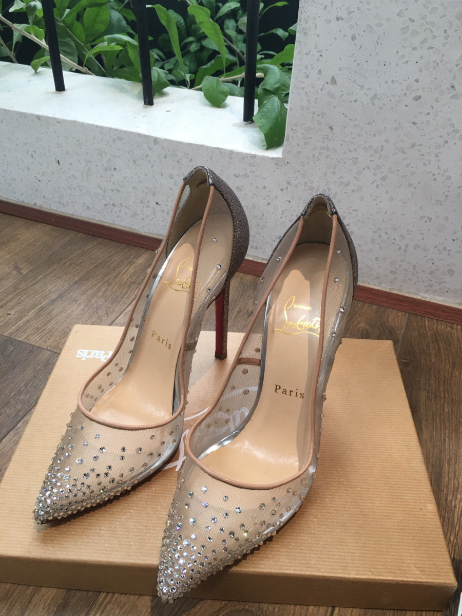 sẵn cao gót  Ch risti an Lo ub outin Mesh x leather Pumps size 38 Ladies' Silver x beige BODY STRASS Rhinestone Missing rhinestones; cao 12cm .