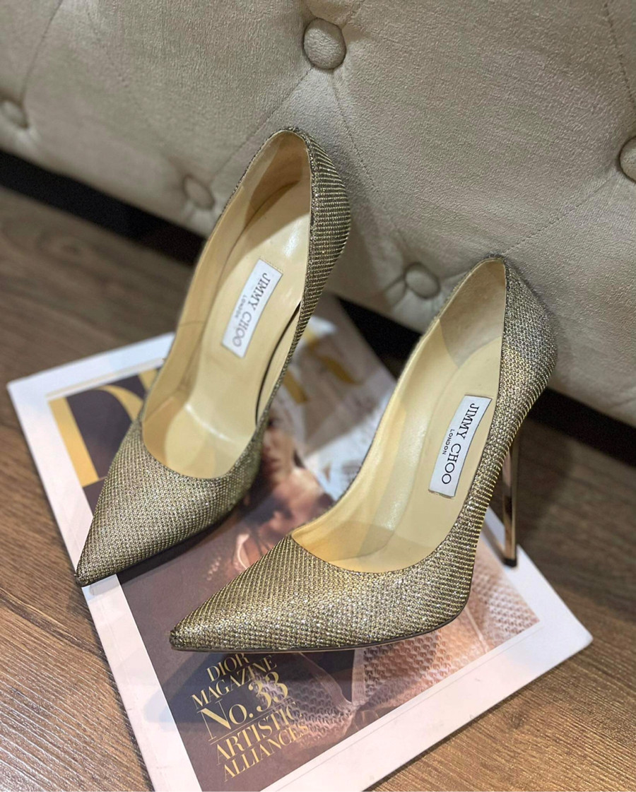 Giày jimmychoo màu be lấp lánh gót vàng 12p sz 38,5