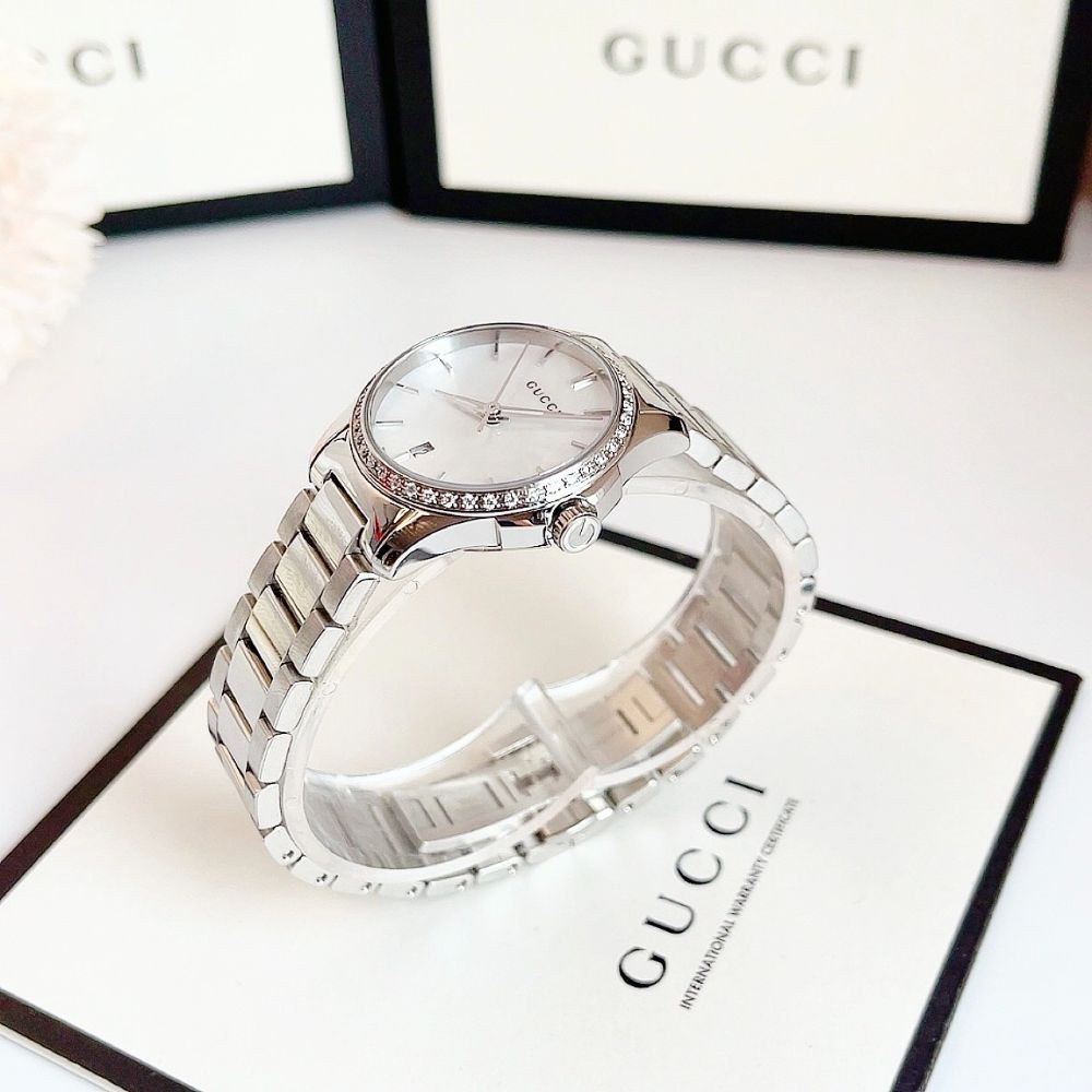 Gucci G-Timeless Diamonds Mother of Pearl Diamond Silver Tone Ladies Watch Case 27mm