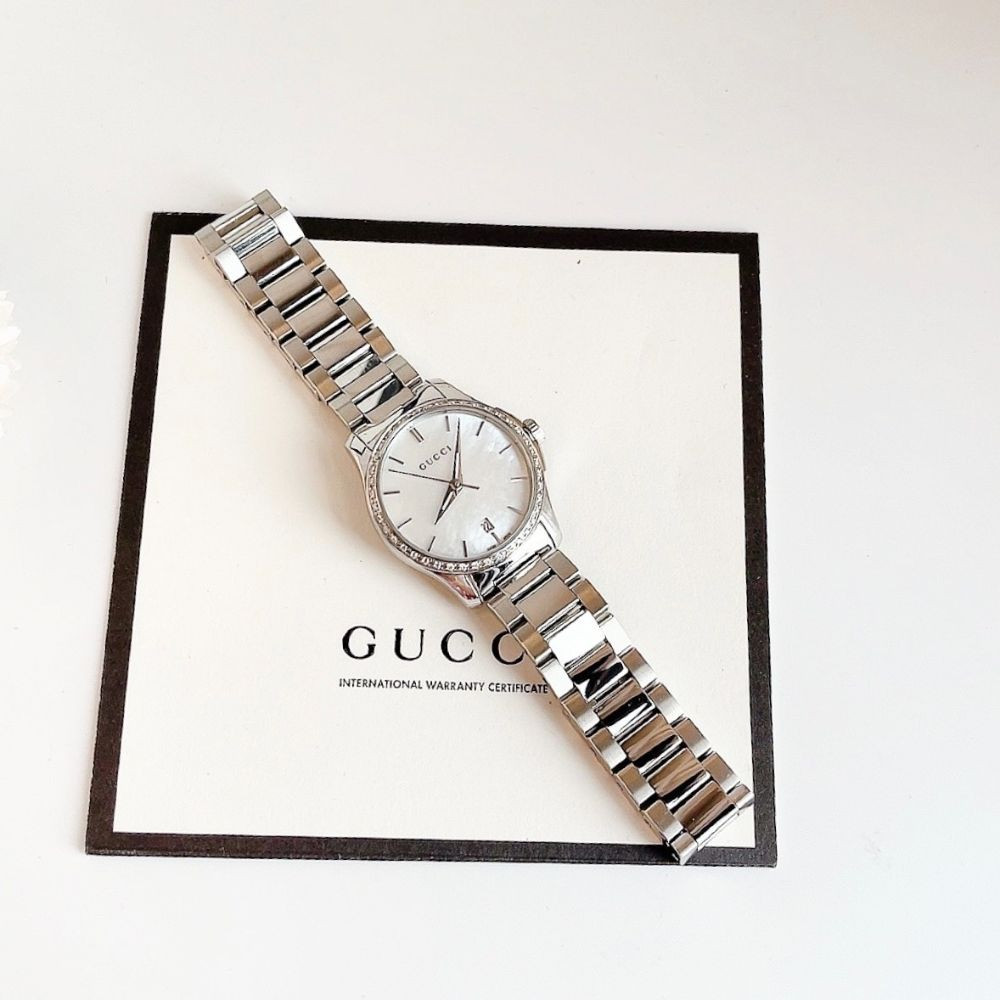 Gucci G-Timeless Diamonds Mother of Pearl Diamond Silver Tone Ladies Watch Case 27mm