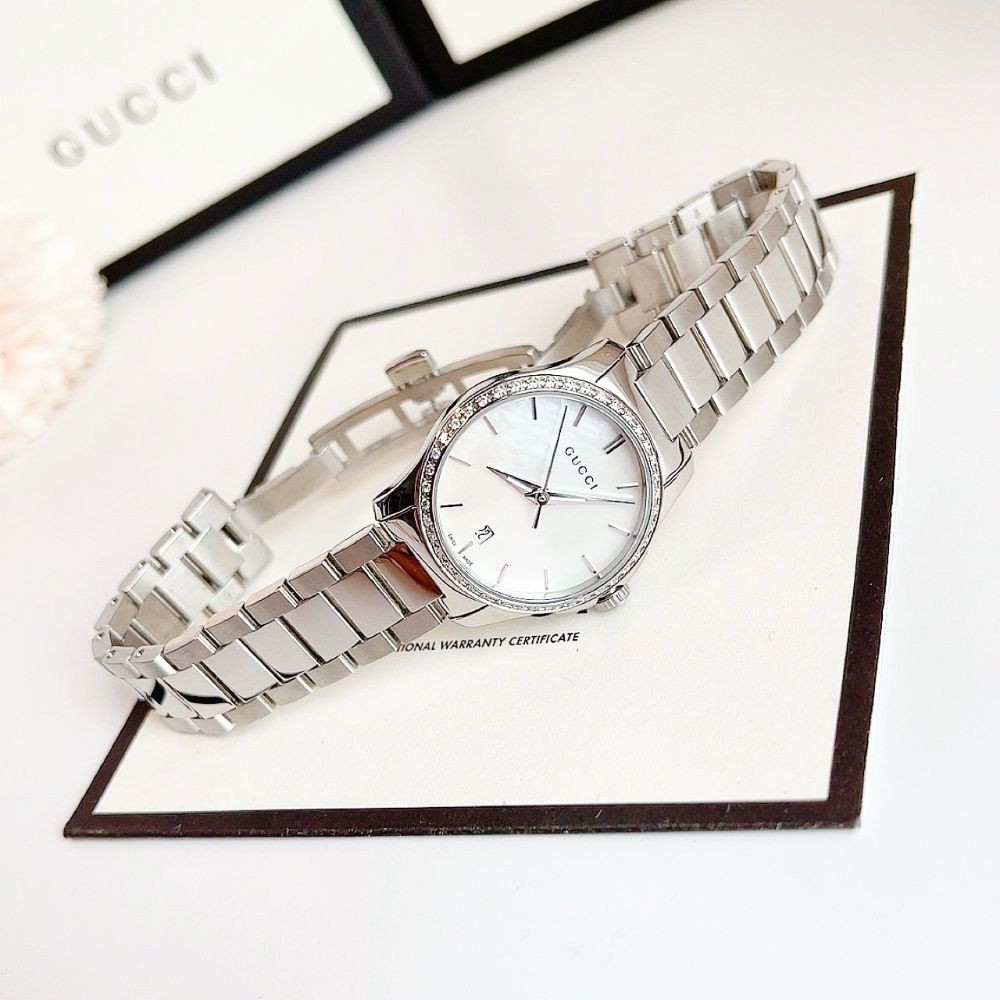 Gucci G-Timeless Diamonds Mother of Pearl Diamond Silver Tone Ladies Watch Case 27mm