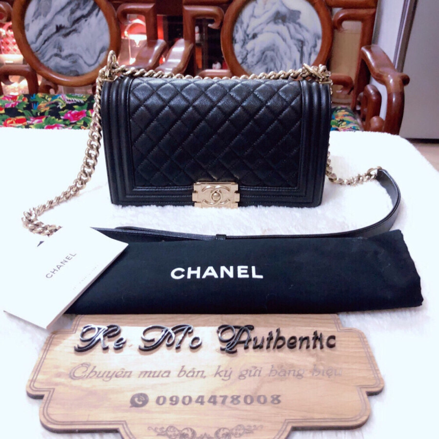 Chanel Boy 17p Old Medium with Shiny Gold Hardware Black Caviar Cross Body Bag