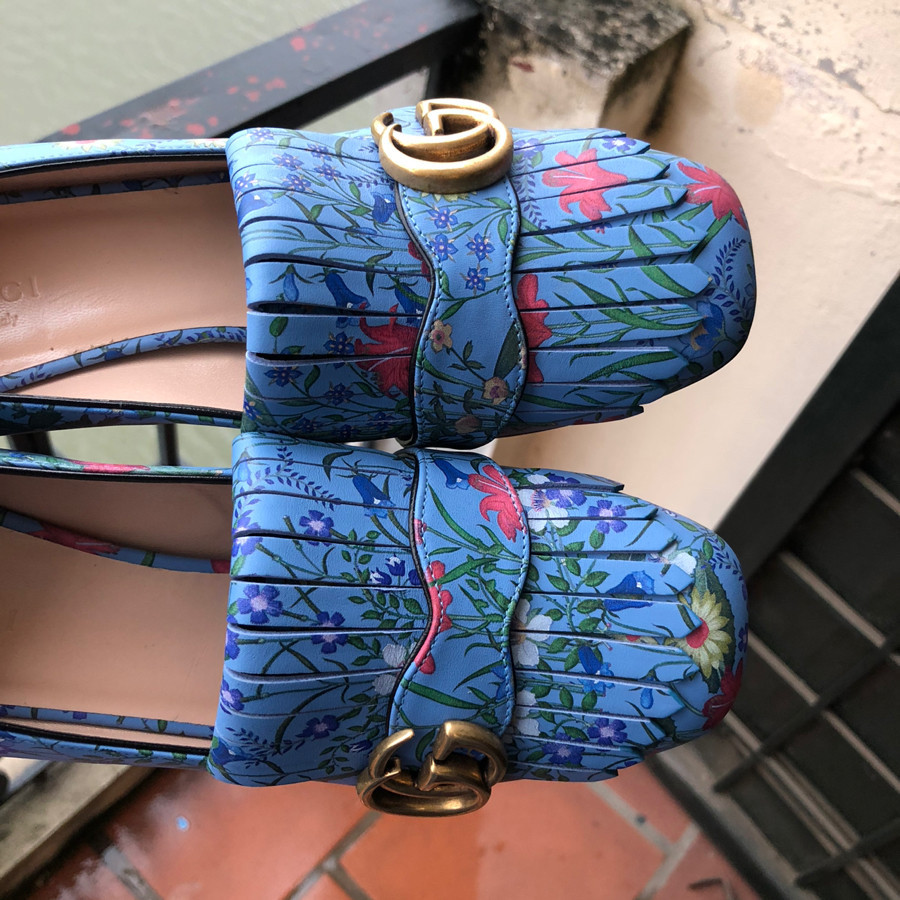 Gucci - Marmont Blue Rose Floral Fringe Block Heel Size 37: