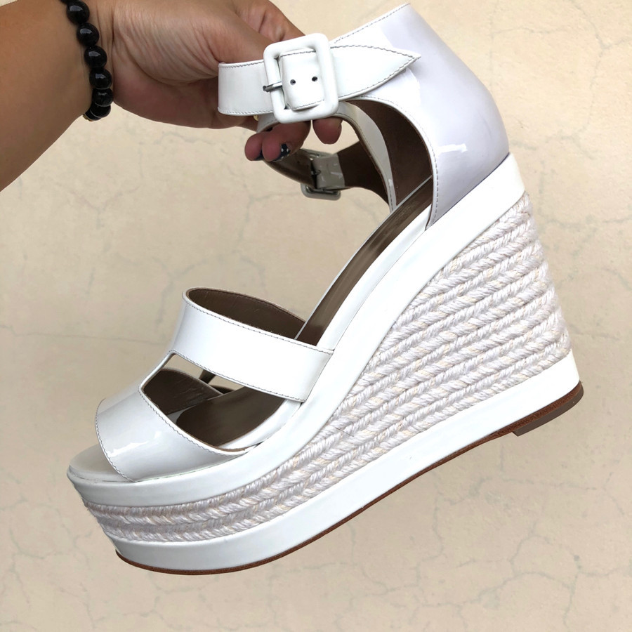 Hermes - White Textured Leather Ilana Espadrille Wedge Sandals sz 38: