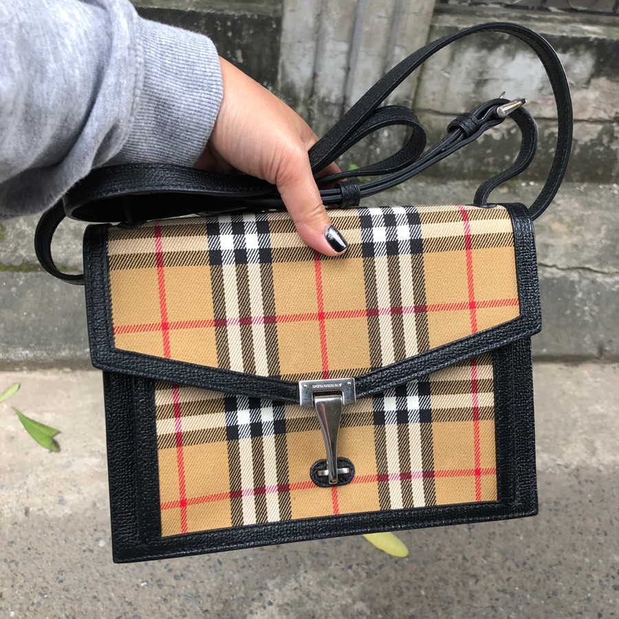 B.B.R Mini Leather and Vintage Check Crossbody Bag- Black: