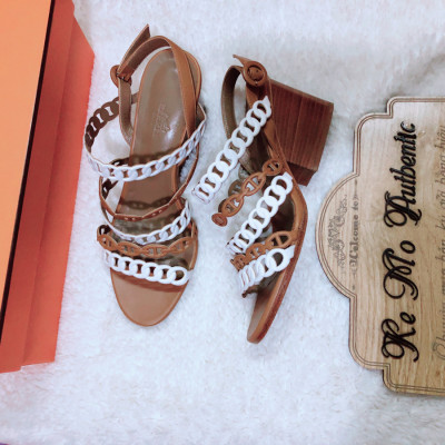 Hermes - Brown/White Leather Romanza Sandals Size 37,5: