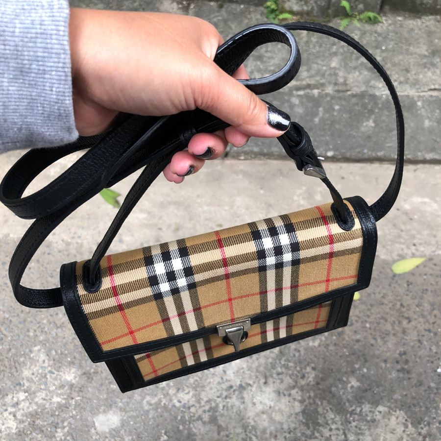 B.B.R Mini Leather and Vintage Check Crossbody Bag- Black: