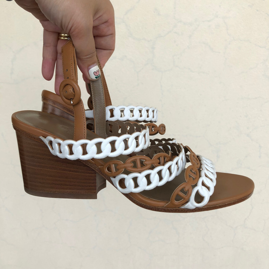 Hermes - Brown/White Leather Romanza Sandals Size 37,5: