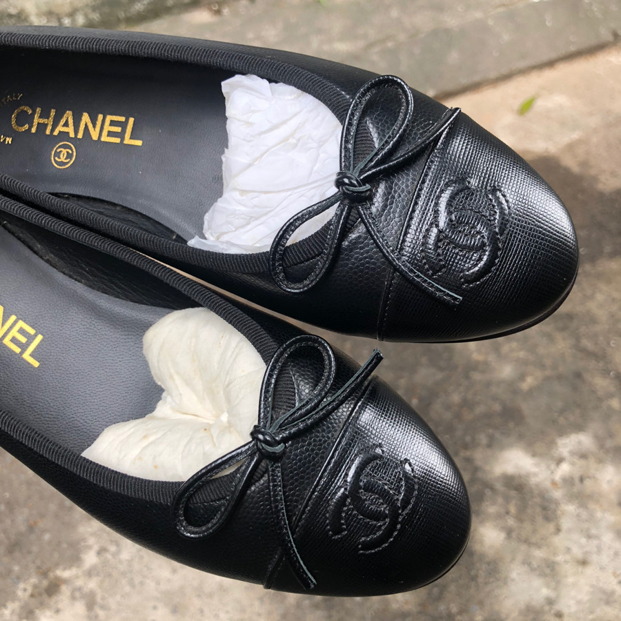 ❤️Chà Nồi ballet ballerina flats black caviar leather sz 37,5: