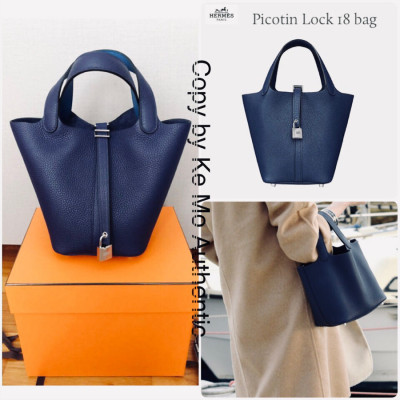 Hermes Picotin lock 18 taurillon clemence leather bag - Dark blue & Silver: