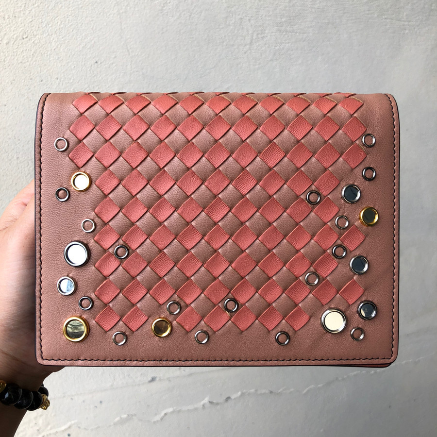 Bottega Veneta Dahlia Hibiscus Intrecciato Palio Chain Wallet In Pink: