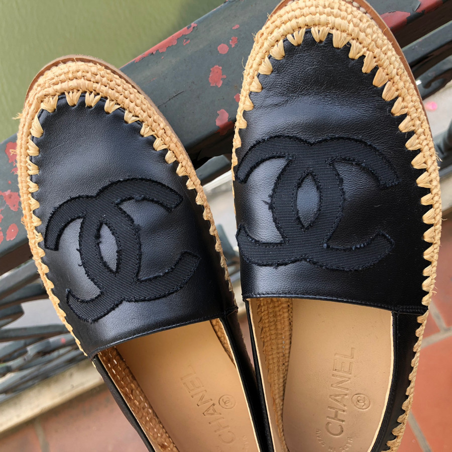 Chanel Black Lambskin Leather Cc Logo Double Sole Woven Espadrille Ballet Flats sz 38: