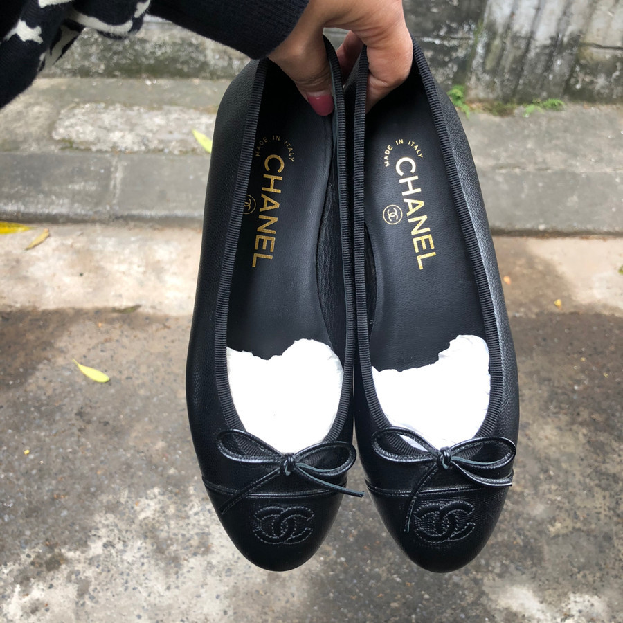 ❤️Chà Nồi ballet ballerina flats black caviar leather sz 37,5: