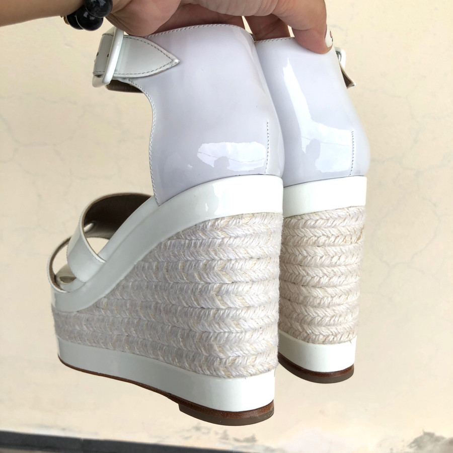 Hermes - White Textured Leather Ilana Espadrille Wedge Sandals sz 38: